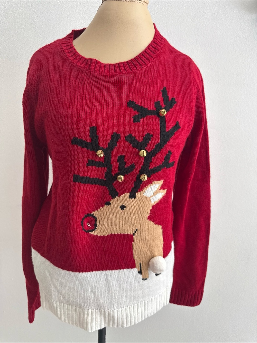 Red Crewneck Sweater with Reindeer Motif and Pom Tail